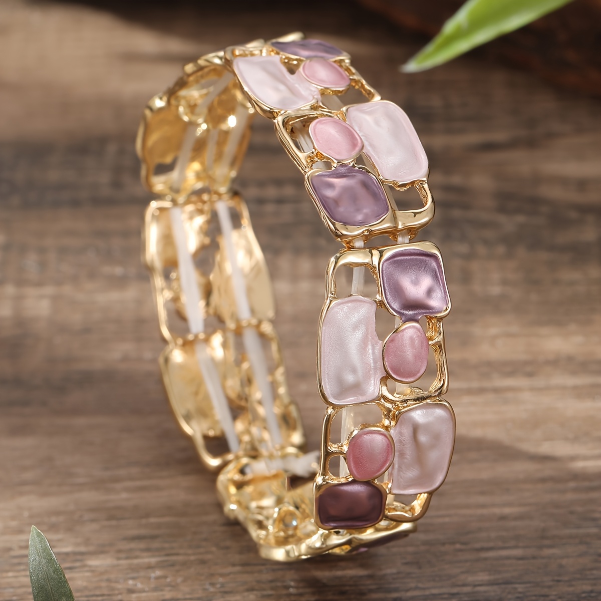 KAMILLE Vintage Silver Plated Geometric Enamel Stretch Bracelet